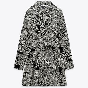 Zara black and white printed belted dress